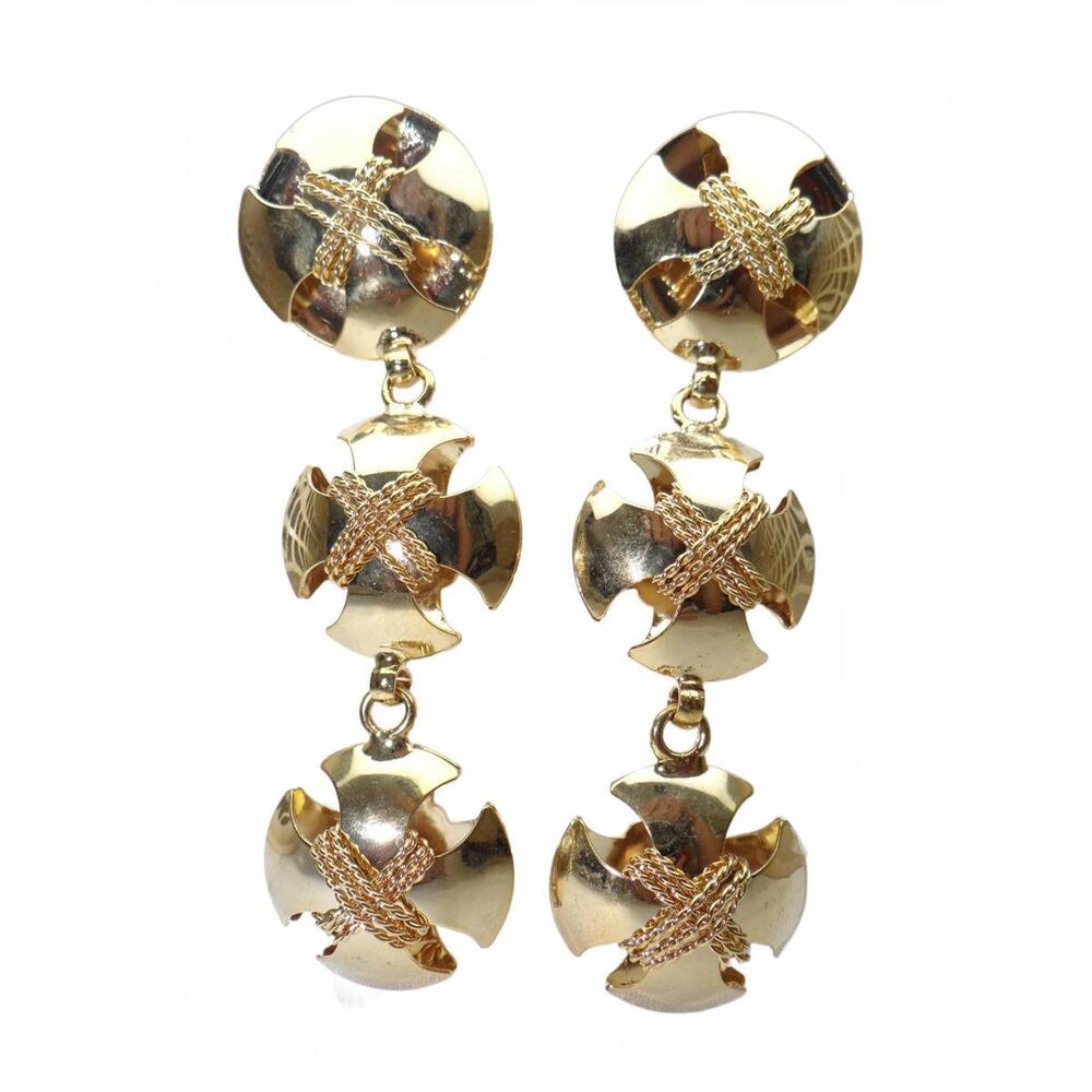 Vintage Gold Tone Triple Disc‎ Drop Earrings